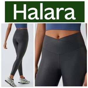 HALARA Black SoftlyZero 7/8 Faux Leather Crossover Pocket Foil Print Leggings